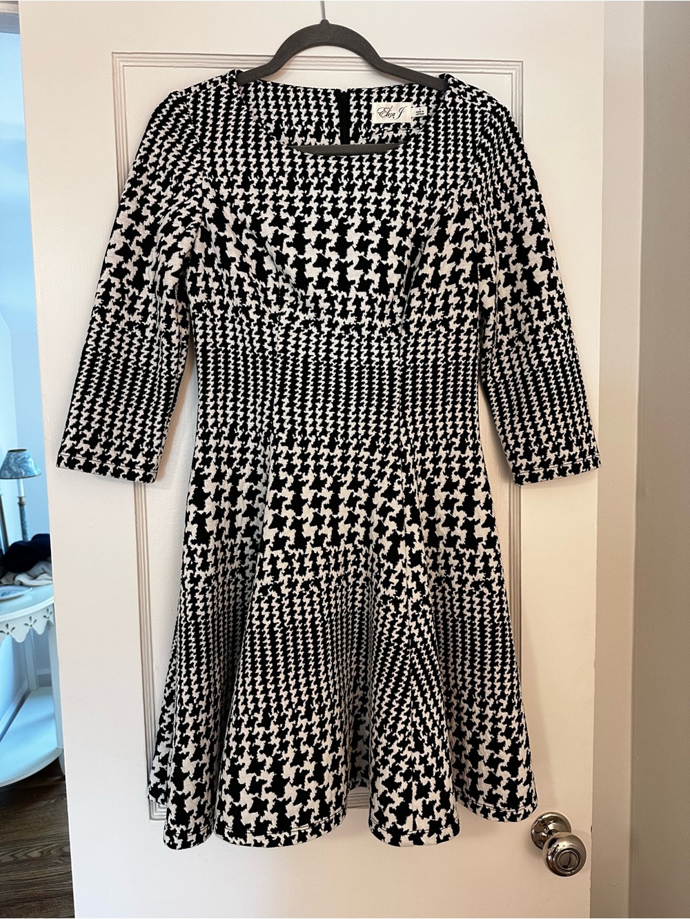 Eliza J Black and White Houndstooth Fit-and-Flare Dress